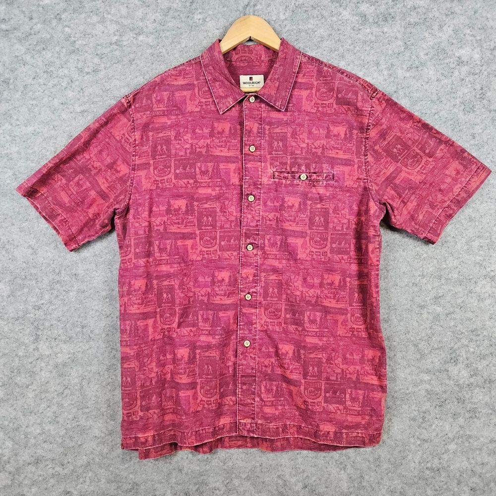 Woolrich Men's Size L Short Sleeve Shirt Beet Red Great Outdoors Print‎ SMUDGES